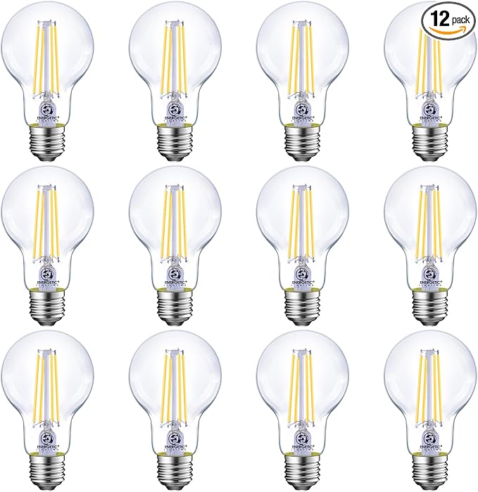 Energetic Dimmable LED Filament Light Bulbs, 8W, 60 Watt Equivalent, Cool White 4000K, Classic Clear Glass, A19 LED Light Bulb, 12 Pack