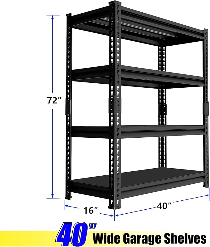 40" W Garage Shelving Heavy Duty, 1600 Lbs Loads Garage Storage Shelves Heavy Duty, 4-Tier Metal Shelving Units and Storage for Basement, Retiple Tanks,40" Wx16 Dx72 H, Black