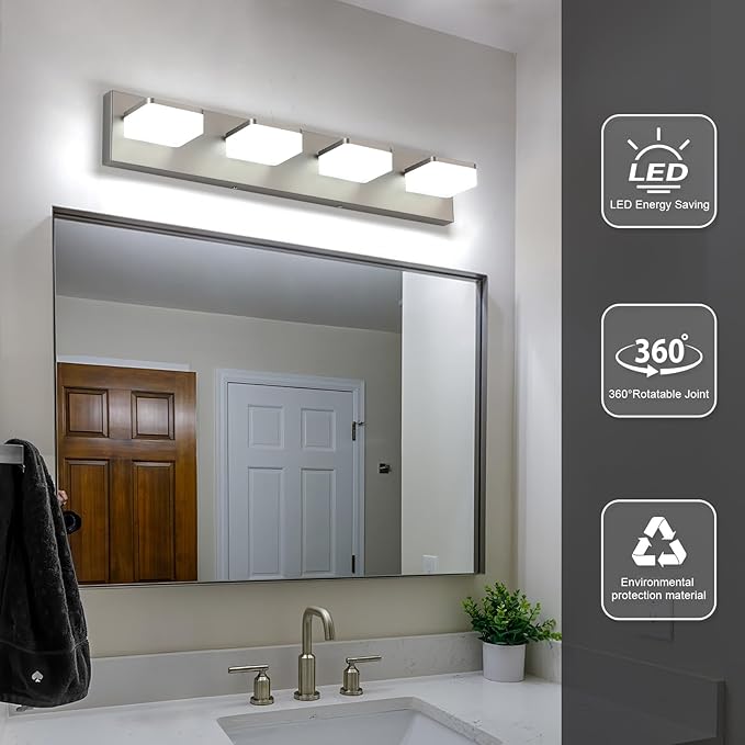 LED Vanity Light Fixture for Bathroom, 4-Light Brushed Nickel Bathroom Light Over Mirror, Modern Vanity Lighting Wall Light Fixtures