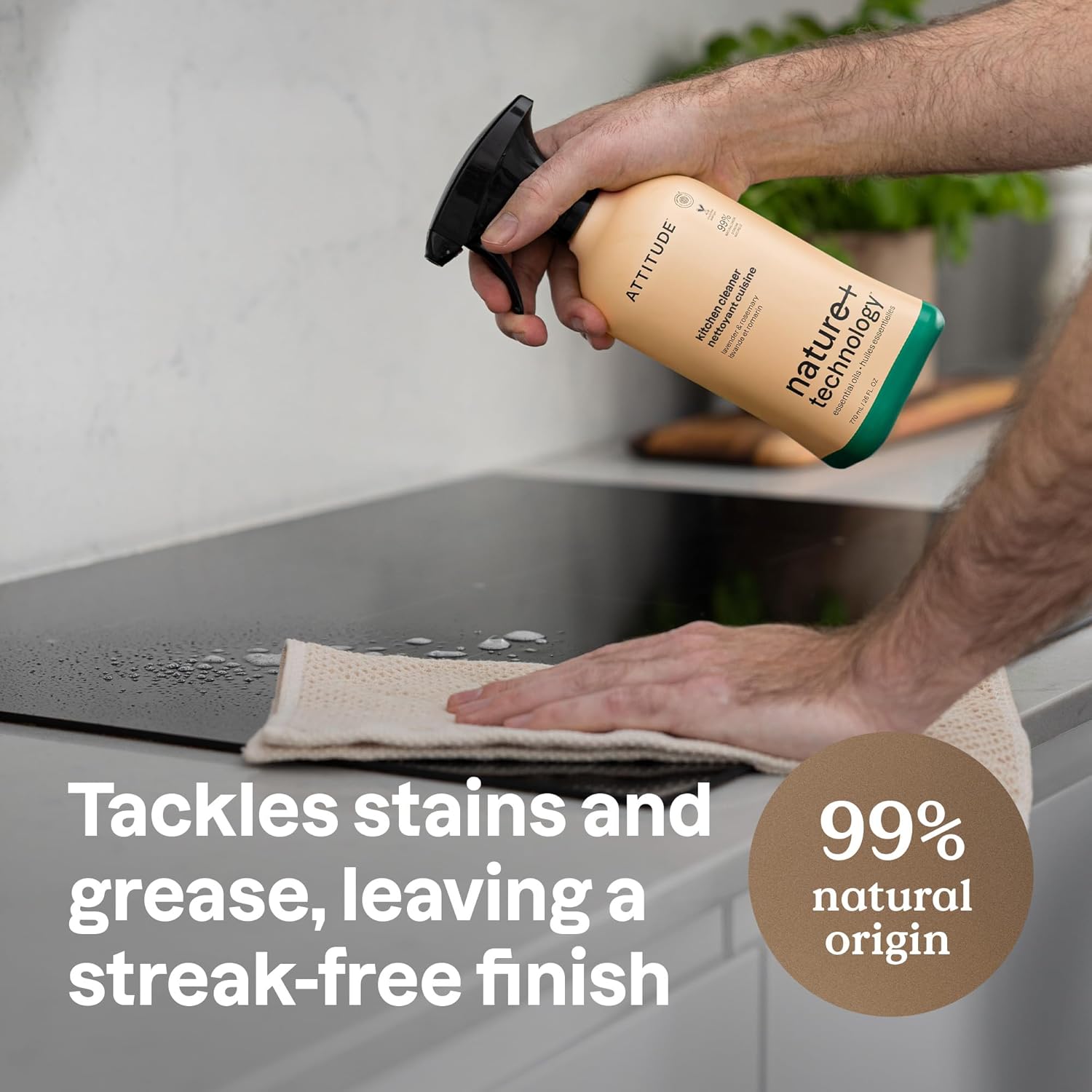 ATTITUDE Kitchen Cleaner Spray, Natural Origin Ingredients, EWG Verified, Cleans and Degreases, Streak-Less, Lavender & Rosemary, 26 Fl Oz