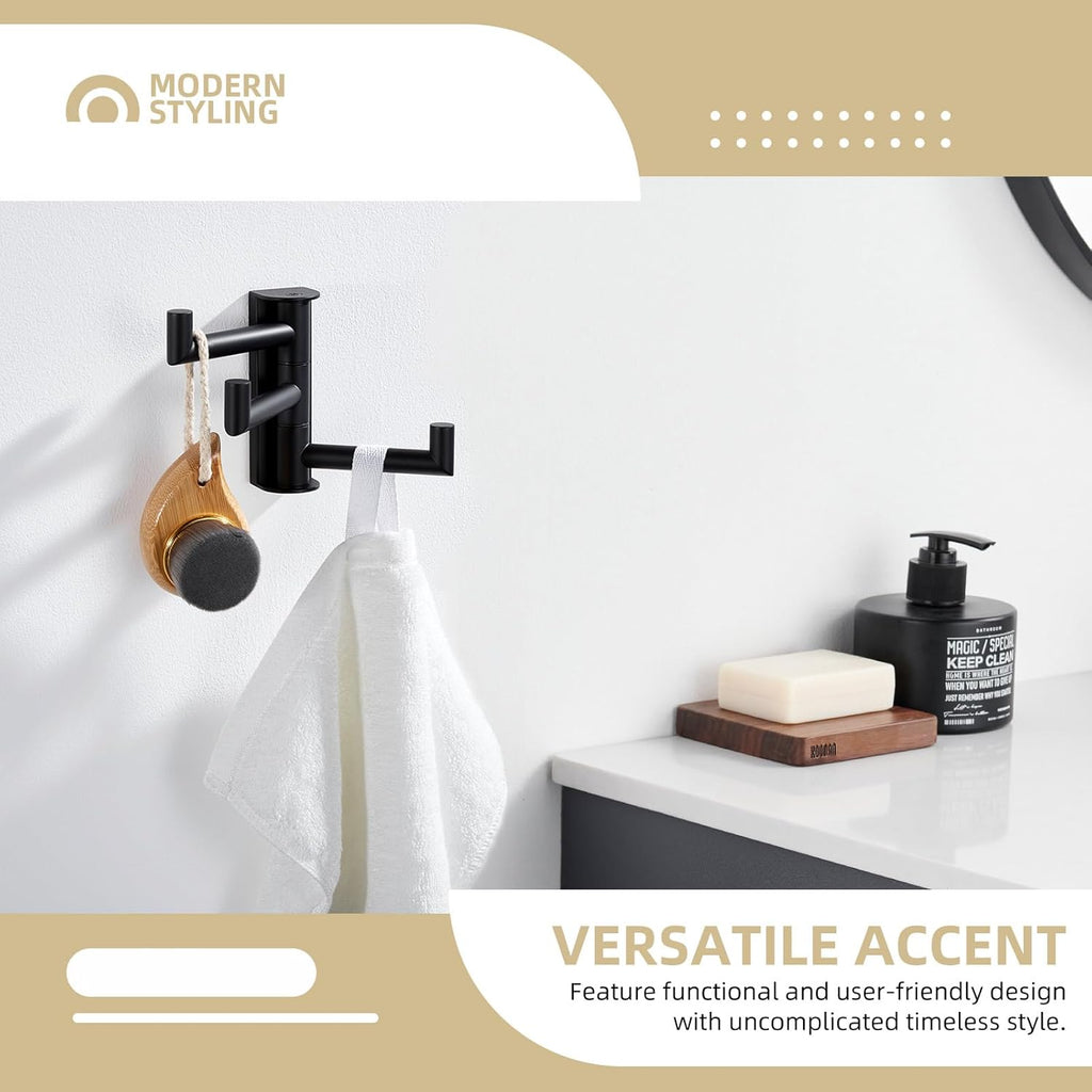 Angle Simple Swivel Towel Hook 3 Arms, SUS 304 Stainless Steel Foldable Bathroom Robe Towel Hook, Wall Coat Holder, Matte Black