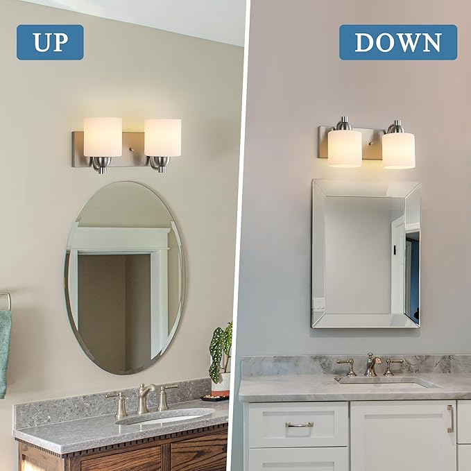 Stainless Steel Milk Glass Vanity Lights for Bathroom, 2 Light Brushed Nickel Bathroom Light Fixtures Over Mirror, Ceramic E26 Sockets Wall Mounted