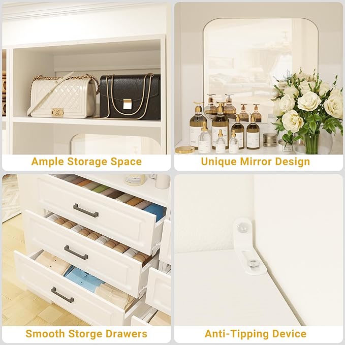Unikito 50” Freestanding Closet System with 6 Drawers, 4FT Closet Organizer Wardrobe with Storage Shelves and Mirror, Sturdy Wood Walk-in Closet Systems for Bedroom, Max Load 1000 LBS, White