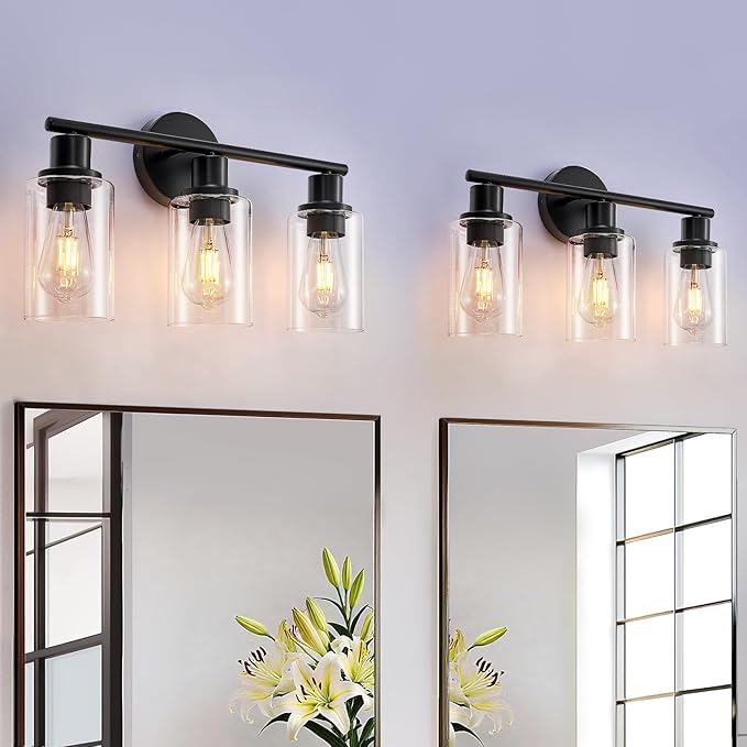 DLLT 3-Light Bathroom Light Fixtures: Black Modern Vanity Lights with 3 E26 Bulbs Base - Clear Glass Shade Bathroom Wall Lamp for Mirror Kitchen Living Room - 2 Packs