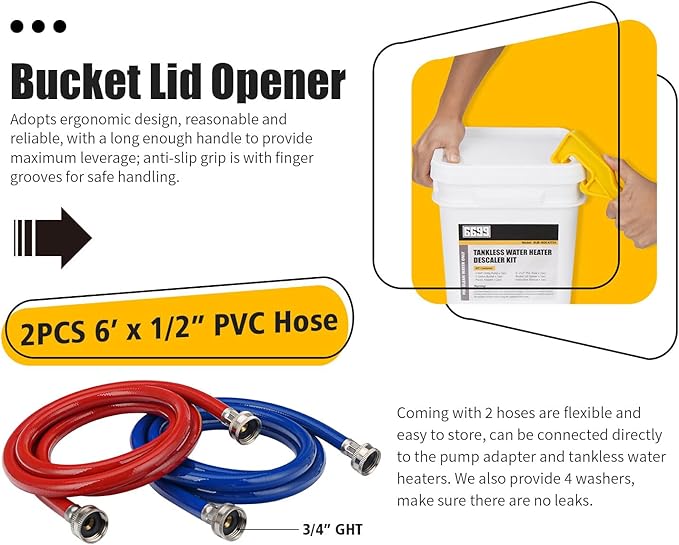 Tankless Water Heater Flushing Kit Includes 1/4HP Submersible Utility Pump with Two Plastic Adapters & 3 Gallons Pail with Bucket Lid Opener & Two 1/2” X 6’ PVC Hoses with Washers Easy to Clean