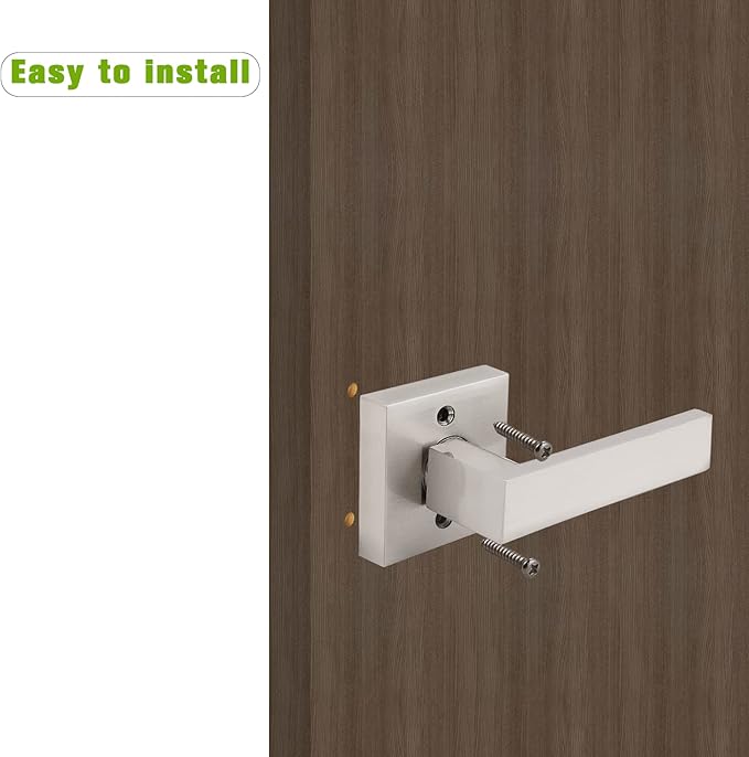 Gobrico 3 Pack Square Door Levers Satin Nickel Decorative Interior Door Locks Handles Square Rosette(Keyless One-Side Door Handles with Screws)