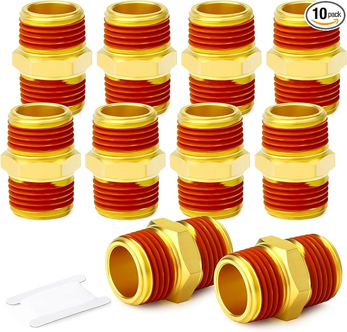GASHER 10PCS Brass Pipe Fitting, Hex Nipple, 3/8" Male Pipe x 3/8" Male Pipe With Sealant