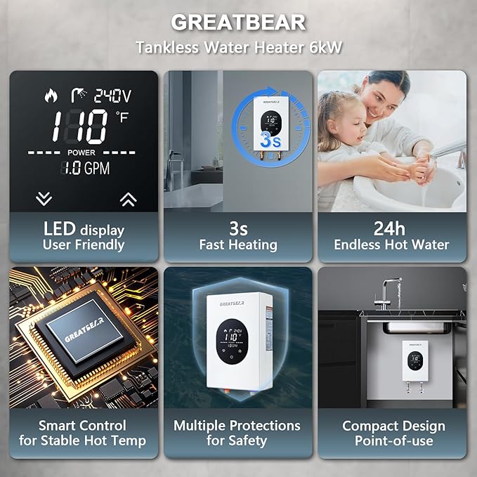 Electric Tankless Water Heater, GREATBEAR 6KW On Demand Water Heater Electric 240V, Point of Use Instant Hot, With Self Modulating GT60W White