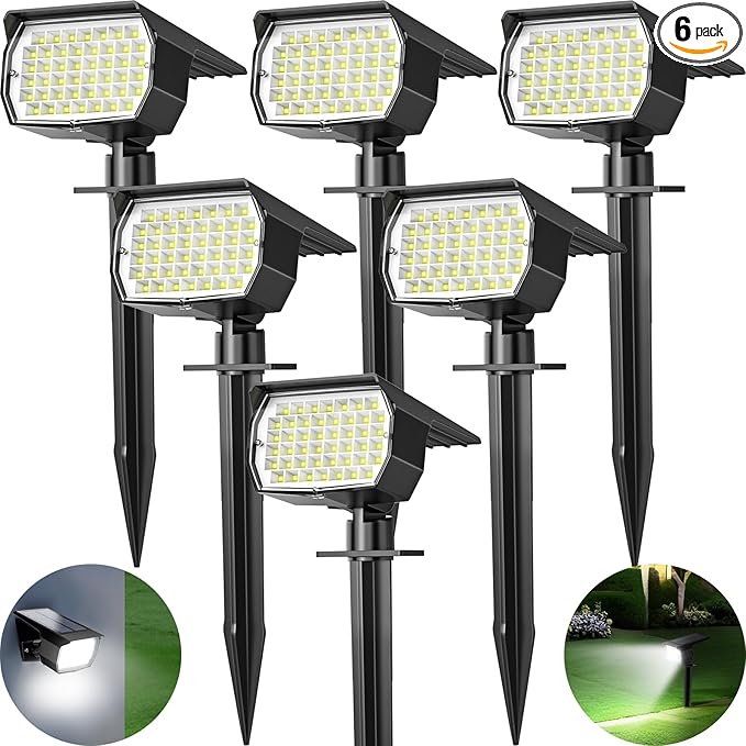 Solar Spot Lights Outdoor 6 Pack, [46 LED/3 Modes] Solar Landscape Spotlights Waterproof, 2-in-1 Auto On/Off Solar Powered Lights for Outside Yard Garden Wall Pathway(Cool White)
