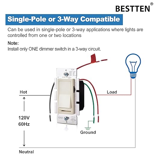 BESTTEN 10 Pack Almond Dimmer Light Switch, 3 Way or Single Pole Dimmer Switches, for Dimmable LED, Halogen and Incandescent Bulbs, 120V, Decorator Wall Plate Included, UL Listed