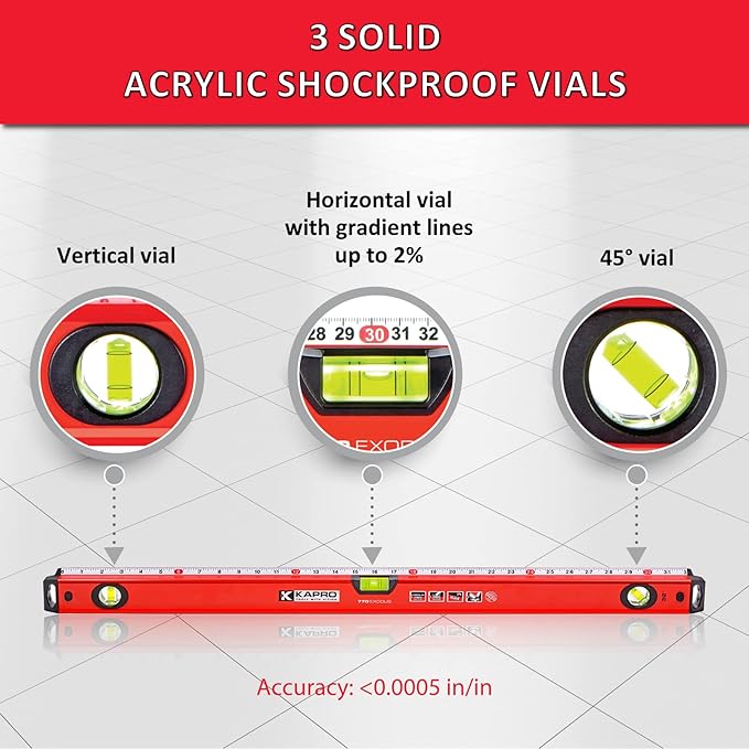 Kapro - 770 Exodus Professional Box Level - 48" - With 45° Vial & Ruler - For Leveling, Measuring, Marking, and Cutting - Features 3 Vials, Precise Straightedge, and Wall-Grip