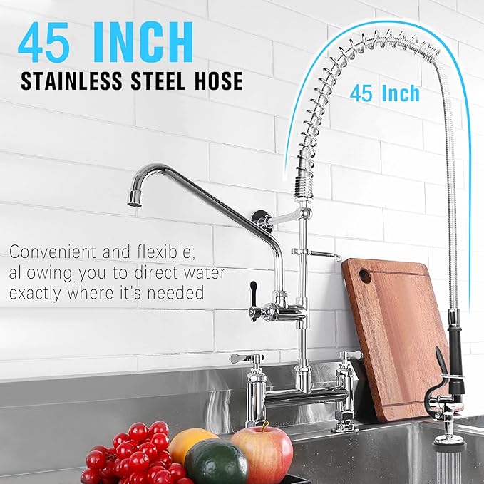 Spray Valve with 45" Flexible Stainless Steel Hose & Pre-Rinse Overhead Spring, Commercial Faucet Flexible Hose with Spray Head Replacement Kit for Commercial Restaurant Industrial Kitchen Sink Faucet