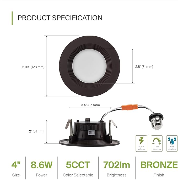ASD Retrofit LED Recessed Lighting 4 Inch | 9W 700 Lm Wet Rated Dimmable Ceiling Downlights | 2700K-5000K Adjustable CRI90 Bronze Room Recessed Light Fixtures | LED Can Lights, UL 6 Pack