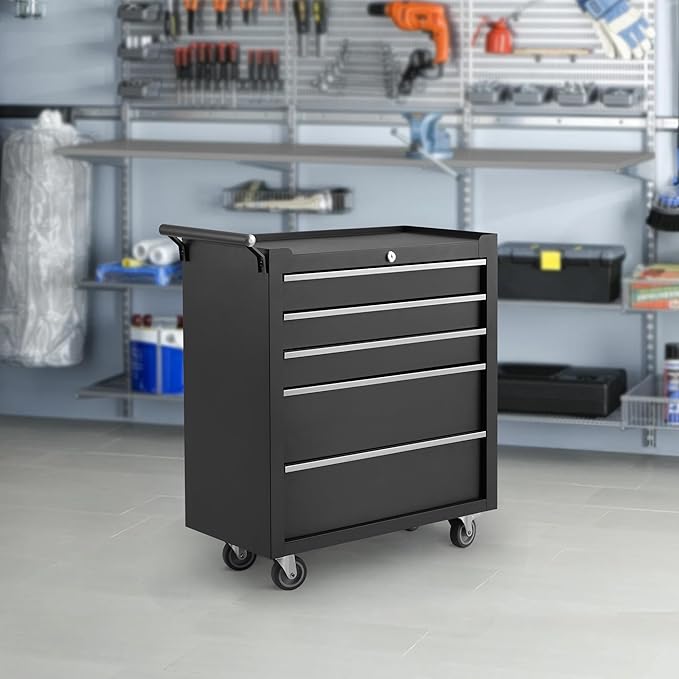Garvee Rolling Tool Chest, 5 Drawers Tool Storage Cabinet, Toolbox with Wheels, Portable Tool Cabinet Organizer with Locking System & Drawer Liners, Tool Storage Cart for Garage, Workshop, Black