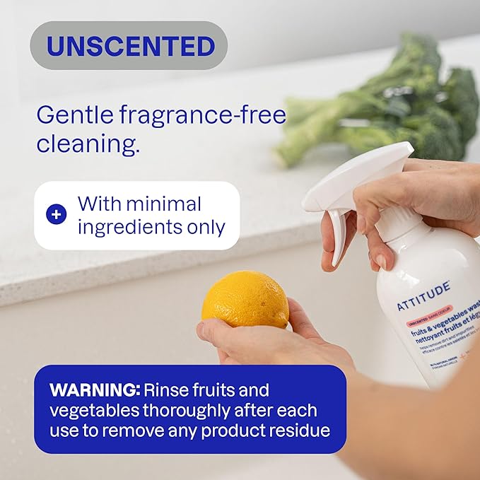 ATTITUDE Fruit & Vegetable Wash Refill, Food-Safe Produce Wash, Removes Dirt & Residue, Vegan & Plant-Based Ingredients, Unscented, 67.6 Fl Oz