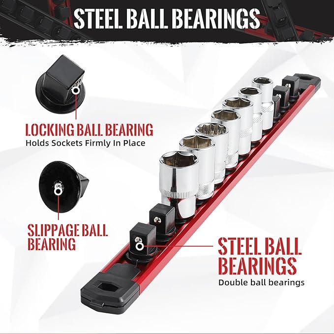 Magnetic Socket Organizer, 3-Piece Heavty Duty Aluminum Socket Holder, Socket Rail for Tool Box, Premium Quality 360° Swivel Socket Rack Kit with 40 Clips for 1/2, 3/8, 1/4-Inch(Red)