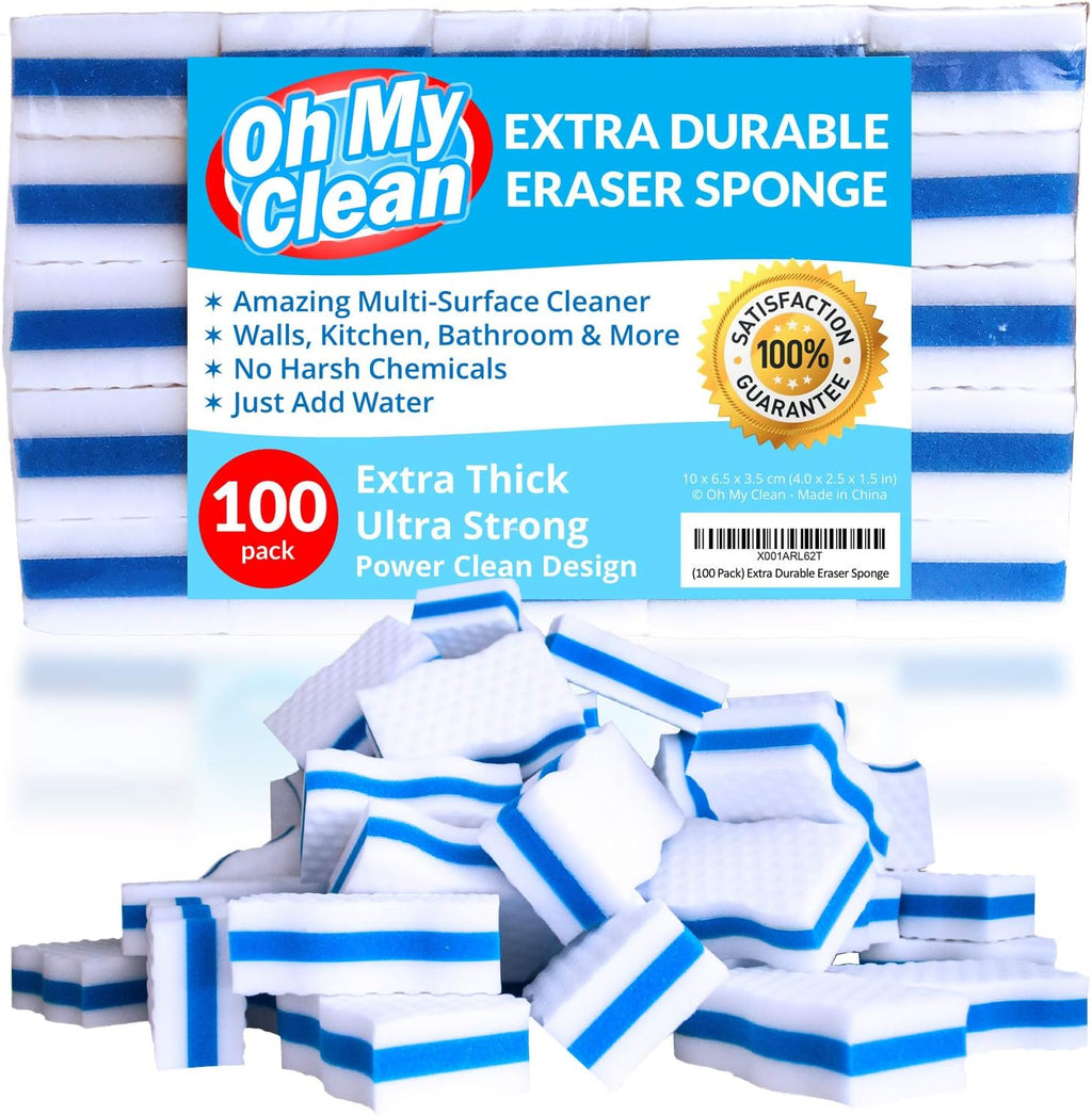 (100 Pack) Extra Durable Eraser Sponge - Extra Thick, Long Lasting, Premium Melamine Sponges in Bulk - Multi-Purpose Power Scrubber - Bathroom, Kitchen, Floor, Bathtub, Toilet, Baseboard, Wall Cleaner