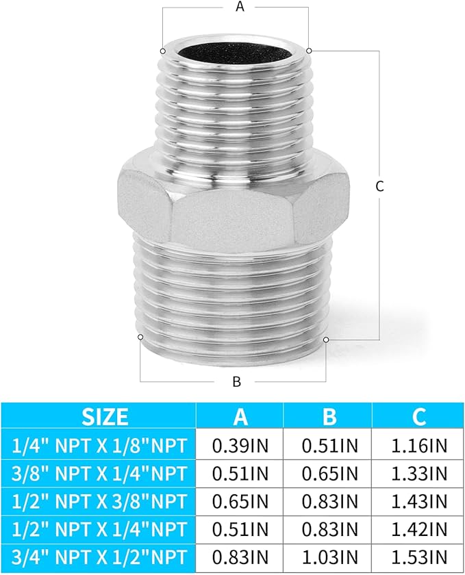 ChillWaves 304 Stainless Steel Pipe Fitting, Reducer Hex Nipple 3/8" NPT Male x 1/4" NPT Male Thread Adapter(6-PACK)