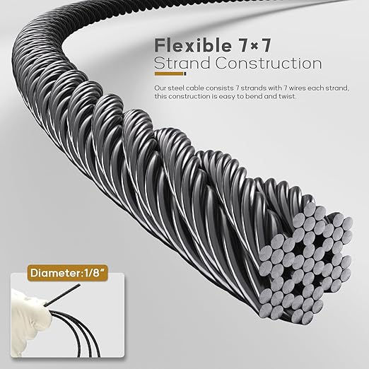 250FT 1/8" T316 Black Stainless Steel Cable, Black Wire Rope Aircraft Cable for Deck Cable Railing Kit, DIY Balustrades, 7x7 Strands Construction, Comes with a Cutter