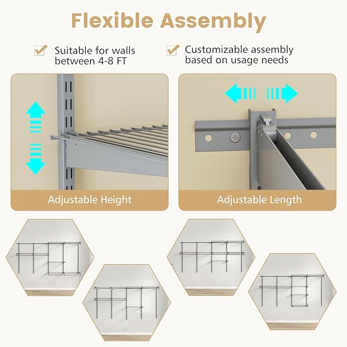 Giantex Closet Organizer System, 4-8 FT Wall-Mounted Closet Shelves and Rod, Adjustable Closet Organization w/ Hanging Rod, DIY Expandable Modular Metal Wire Shelving for Laundry Bedroom (Grey)