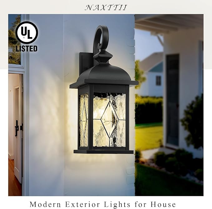 Outdoor Wall Lights Black Exterior Lighting Fixtures with Clear Water Ripper Glass 15 Inch Height Exterior Wall Sconce Light fixtures for House Porch and Garage E26 Socket