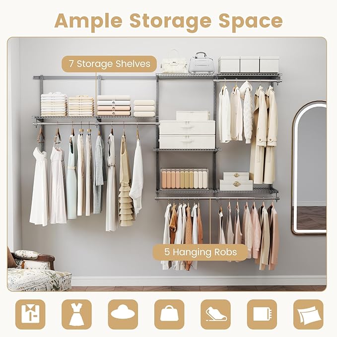 Giantex Closet Organizer System, 4-8 FT Wall-Mounted Closet Shelves and Rod, Adjustable Closet Organization w/ Hanging Rod, DIY Expandable Modular Metal Wire Shelving for Laundry Bedroom (Grey)