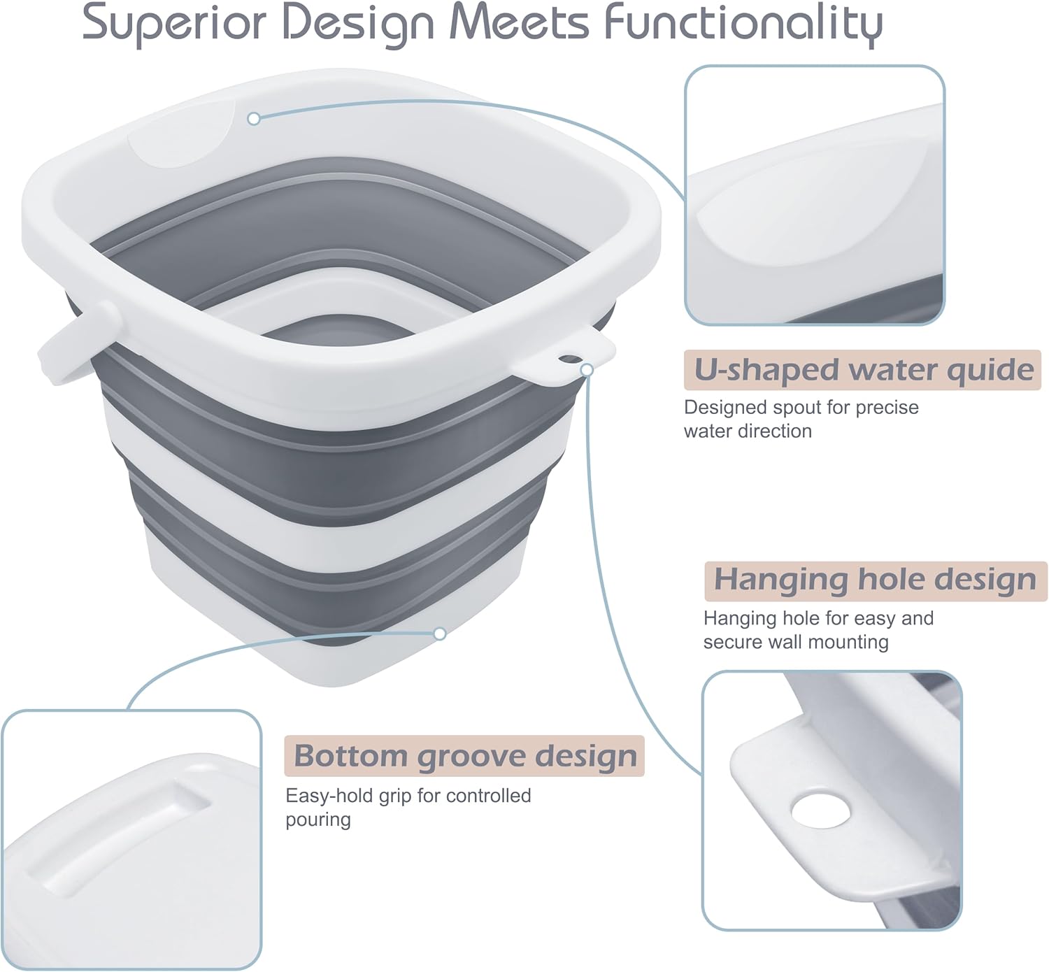 Small Collapsible Bucket, 1.4Gal/5L BPA-Free - Foldable Water Pail for Car Washing, Camping, Beach - Portable Lightweight Storage for Outdoor, RV, Travel (Grey)