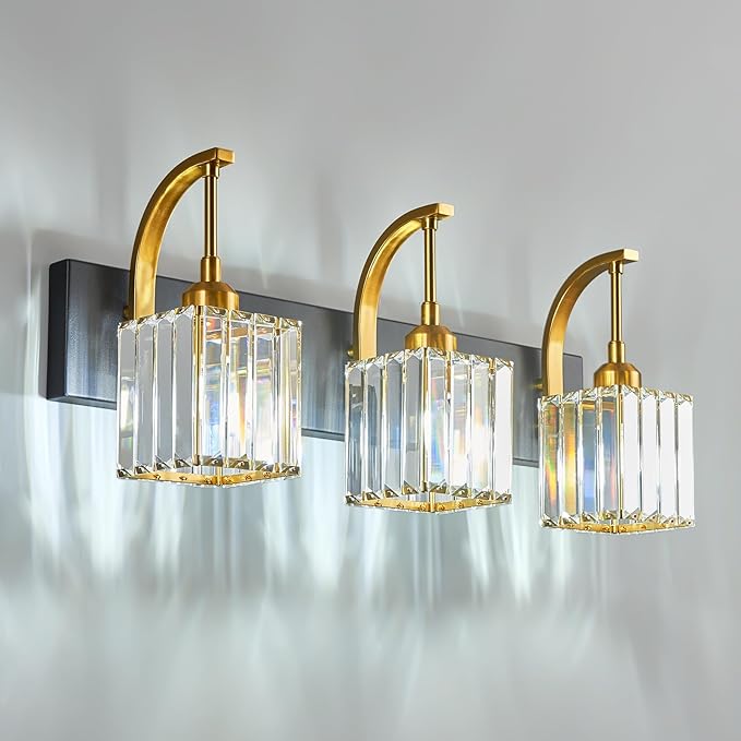 Crystal Vanity Lights 3-Light Black Gold Bathroom Vanity Lights Modern Crystal Bathroom Light Fixtures Over Mirror 23.62" Long Vanity Light for Bathroom
