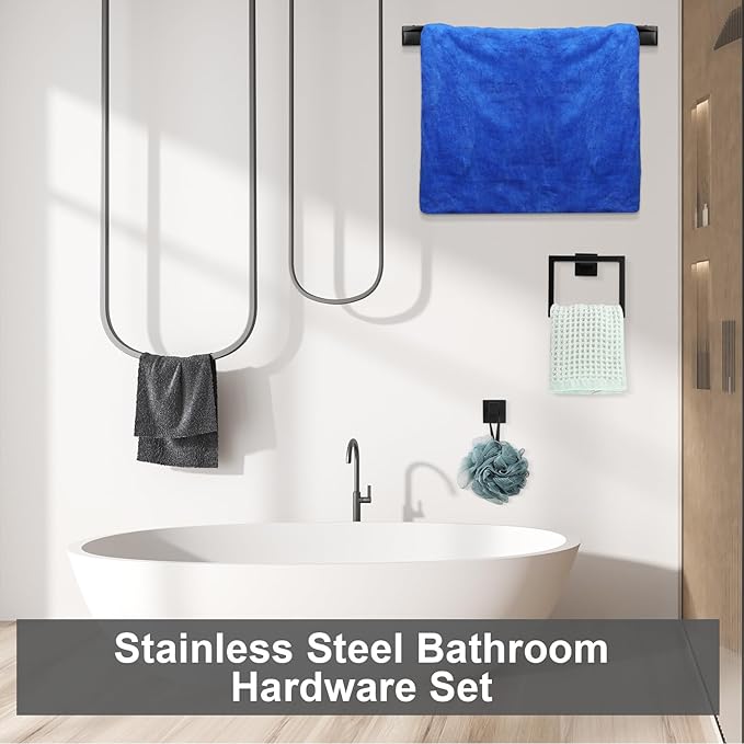 Gisafai 10 Pcs Bathroom Hardware Accessories Set 23.6 Inch Bath Towel Bar Kit Stainless Steel Bathroom Hardware Set Towel Racks Ring Hooks Paper Holder for Wall Mounted (Black)