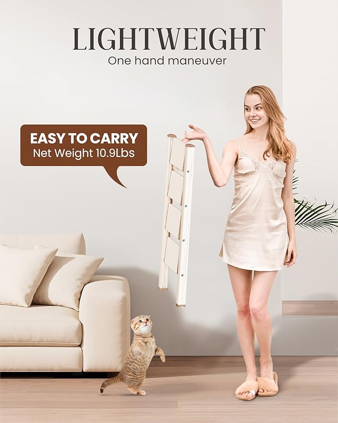 GameGem 4 Step Ladder, Aluminum Folding Step Stool with Anti-Slip Sturdy and Wide Pedal, Lightweight Portable Stepladder for Home and Kitchen Use Space Saving, 330 lbs, Chocolate White