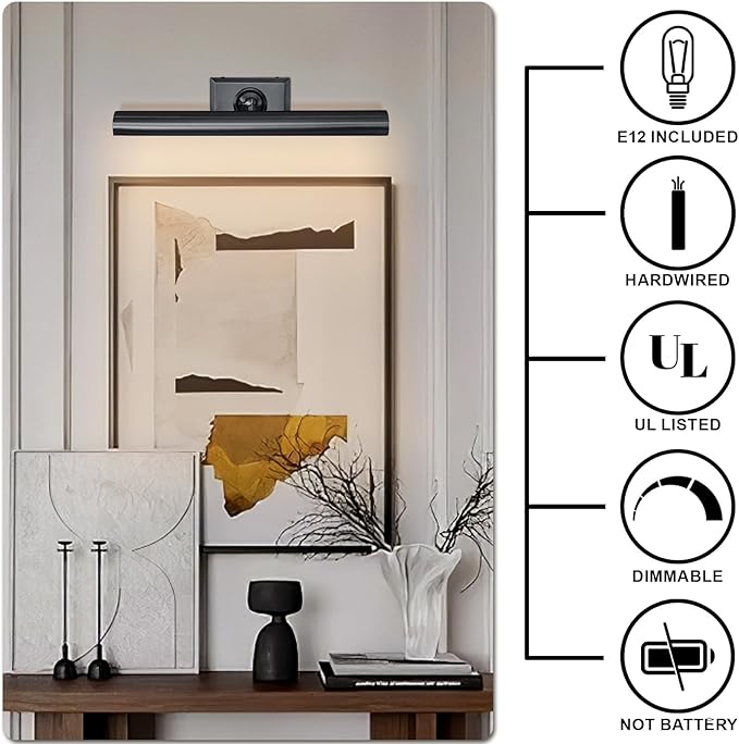 Picture Light for Wall, 18in Brass Hardwired Picture Frame Light, Painting Poster Lighting 2 Light Dimmable Art Display Light Wall Sconce for Gallery Living Bathroom-Included Bulbs(Black)