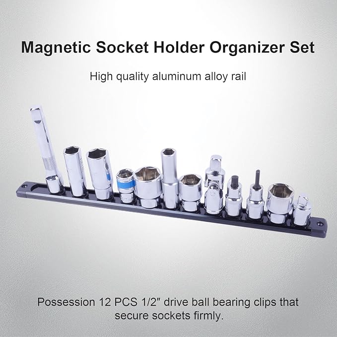 Magnetic Socket Holder Organizer Set:1/2-Inch Drive Socket Trays Socket, 360° Swivel 12 Clips Socket Holder Kit, For Automotive Mechanic Garage (Black)