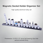Magnetic Socket Holder Organizer Set:1/2-Inch Drive Socket Trays Socket, 360° Swivel 12 Clips Socket Holder Kit, For Automotive Mechanic Garage (Black)