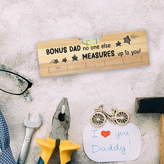 Christmas Gifts for Bonus Dad from Daughter Son, Best Stepped Up Dad Gifts, Funny Fathers Day Birthday Valentines Gift for Stepdad Father Wooden Spirit Level A6