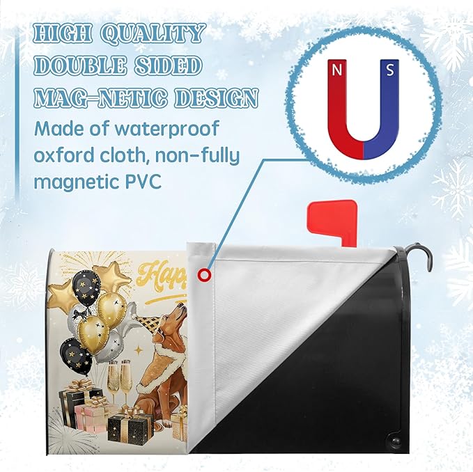 Happy New Year Extra Magnetic Mailbox Covers 25.5x21 Inch Winter Dogs Balloon Holiday Post Mail Box Cover Large Size for New Year Garden Outdoor Decor