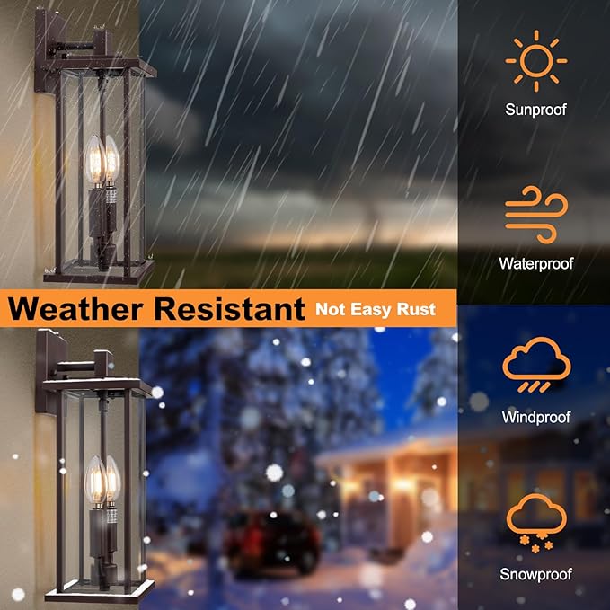 2-Pack 16" Large Dusk to Dawn Outdoor Wall Light Fixtures, 2-Light Exterior Front Porch Light, Brushed Bronze Outdoor Sconce Lights, Waterproof Farmhouse Lamp Lighting