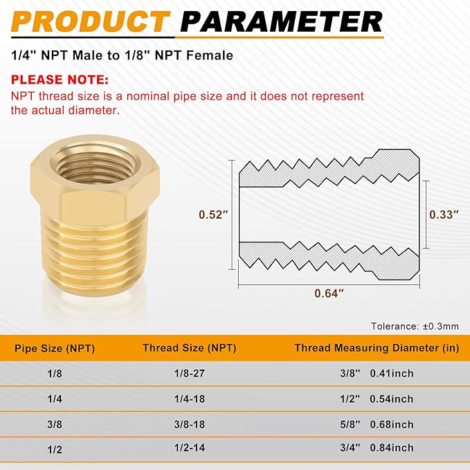 KOOTANS 4pcs Heavy Duty 1/4 NPT Male Thread to 1/8 NPT Female Thread Brass Reducer Hex Bushing Brass Fitting Pipe Hose Tube Adapter Convert