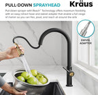 KRAUS Torak Pull Down Kitchen Faucet in Spot-Free Brushed Brass/Matte Black with 2 Function Sprayer, Pre-Attached Water Lines, and Mounting Hardware, KPF-2840SFBBMB