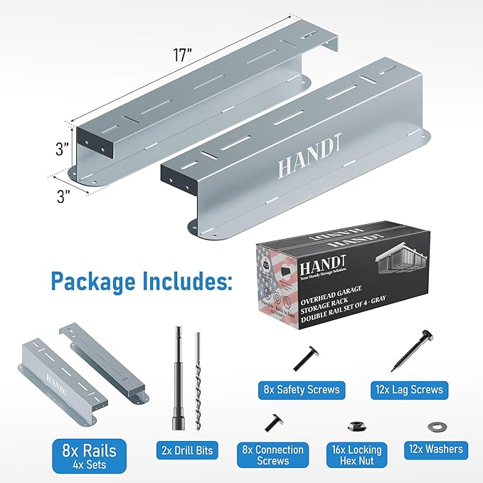 HANDT Overhead Garage Storage Rack, Connectable Heavy Duty Metal Ceiling Rails For Garage Storage Organization Shelving System, Hanging Racks For Tote Containers, Supports Up To 6 Bins, 4 Sets Gray