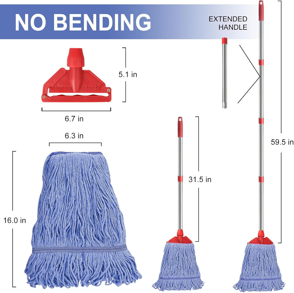 Commercial Mop with 60" Mop Handle, Heavy Duty Industrial Cotton Mops for Floor Cleaning, Looped-End String Wet Mops for Home, Kitchen, Garage, Office, Workshop, Warehouse Concrete/Tile Floor