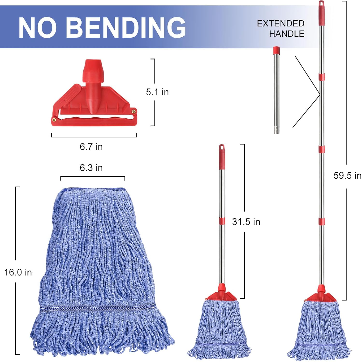 Commercial Mop with 60" Mop Handle, Heavy Duty Industrial Cotton Mops for Floor Cleaning, Looped-End String Wet Mops for Home, Kitchen, Garage, Office, Workshop, Warehouse Concrete/Tile Floor