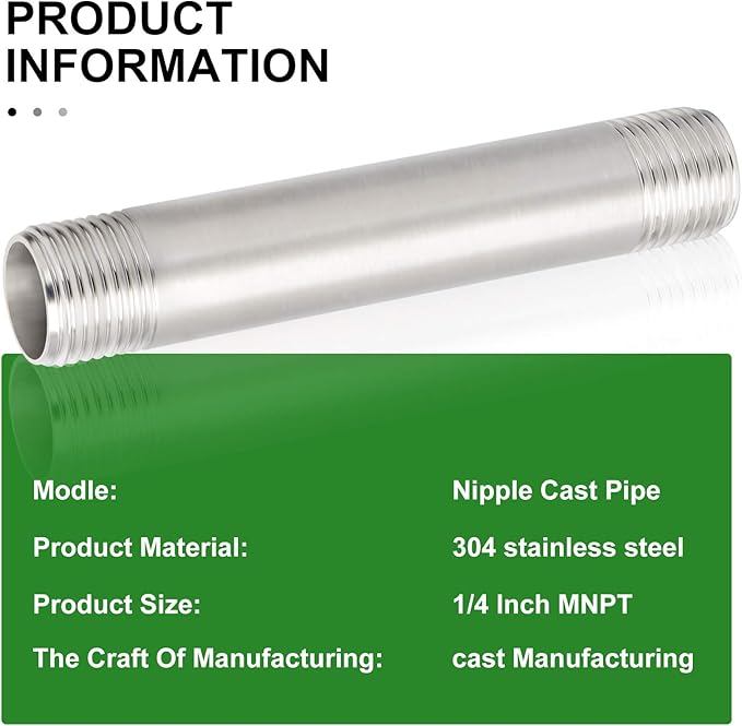 TAISHER 4PCS Stainless Steel Pipe Fittings, 1/4" NPT x 1/4" NPT Male Threaded, 6" Length Nipple Cast Pipe