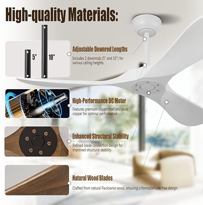 52" White Outdoor Ceiling Fan No Light,Solid Wood Modern Ceiling Fans Without Lights, Quiet High Cfm Energy Efficient 3 Blade Farmhouse Patio Dc Motor Rustic Exterior Large Living Room Ceiling Fan