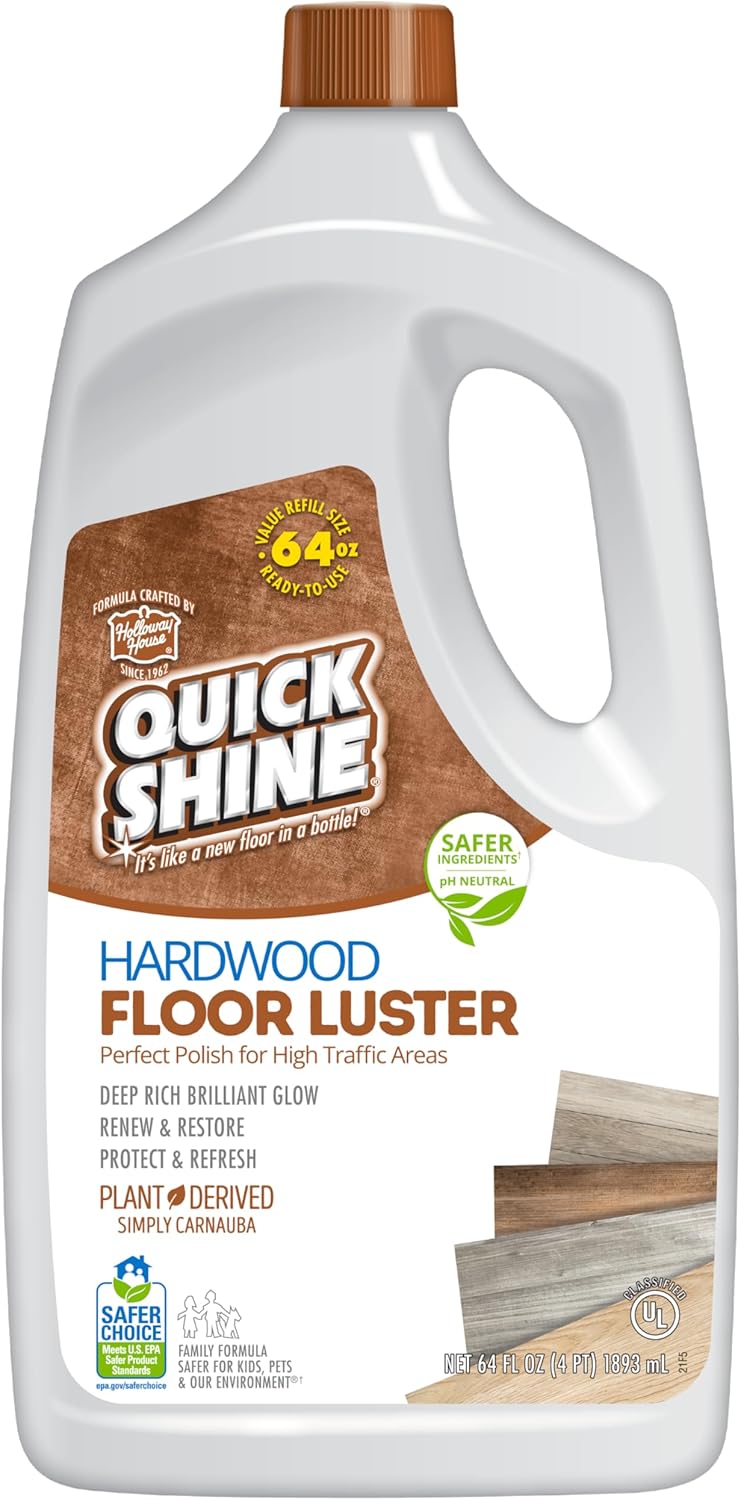 Quick Shine Hardwood Floor Luster-Polish 64oz | Plant-Derived w/Carnauba | Safer Choice, No PFAS, pH Neutral | Ready to Use Formula w/Anti-Slip Technology | Simply Squirt & Spread | Made in USA