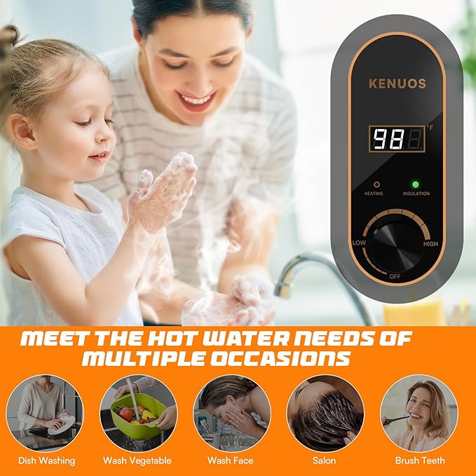 2.5 Gallon Mini Tank Water Heater,Under Sink Instant Hot Water with LED Display,1500W 120V Compact Design Small Water Heater for RV,Kitchen,with 1/2" NPT T&P Valve,3-Way Fitting Valve Grey