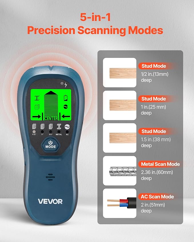 VEVOR Stud Finder Wall Scanner, 5 in 1, Electronic Wall Stud Detector with Smart Sensor, High-Definition LCD Display and Audio Alarm, for the Center and Edge of Metal, AC Wire, Joists, Pipes, Blue