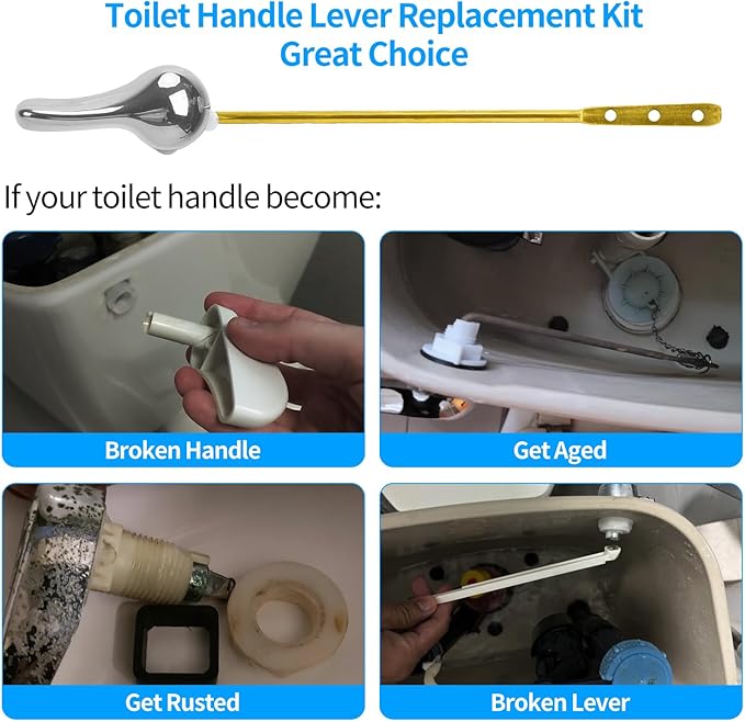 Toilet Flush Handle Replacement Kit, Zinc Alloy Toilet Handle Brass Lavatory Flusher Lever for Most American Standard Toilet Bowls, Universal Replacement Kit (Silver)