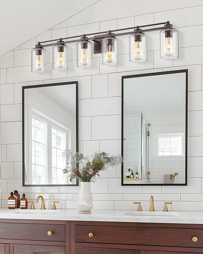 HWH Bathroom Lighting Fixtures Over Mirror 6 Light Oil-Rubbed Bronze Wall Vanity Lights with Clear Glass Shade, 5HLT63B-6W ORB