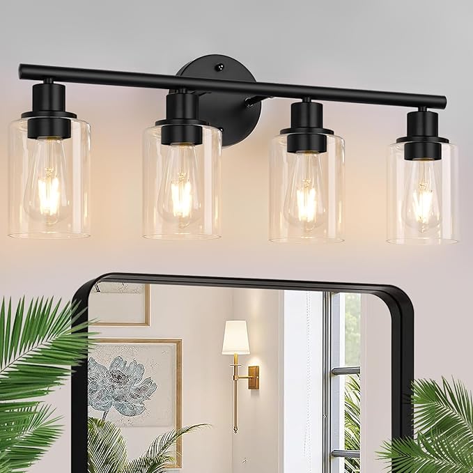4-Light Bathroom Light Fixtures, Matte Black Modern Vanity Lights Over Mirror with Clear Glass Shade, Bathroom Wall Lamp for Mirror Kitchen Living Room Hallway Cabinet Porch Bedroom Reading room