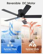 42 Inch Black Ceiling Fan with Light Flush Mountand Remote Control,Dimmable 3 Color Temperatures LED Ceiling Fan,6 Speeds Reversible DC Motor,5 Blades Modern Ceiling Fans for Indoor or Covered Outdoor